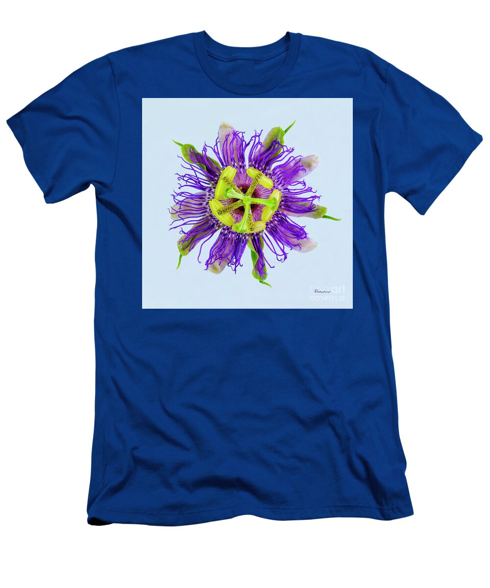 Expressive T-Shirt featuring the photograph Expressive Yellow Green and Violet Passion Flower 50674B by Ricardos Creations
