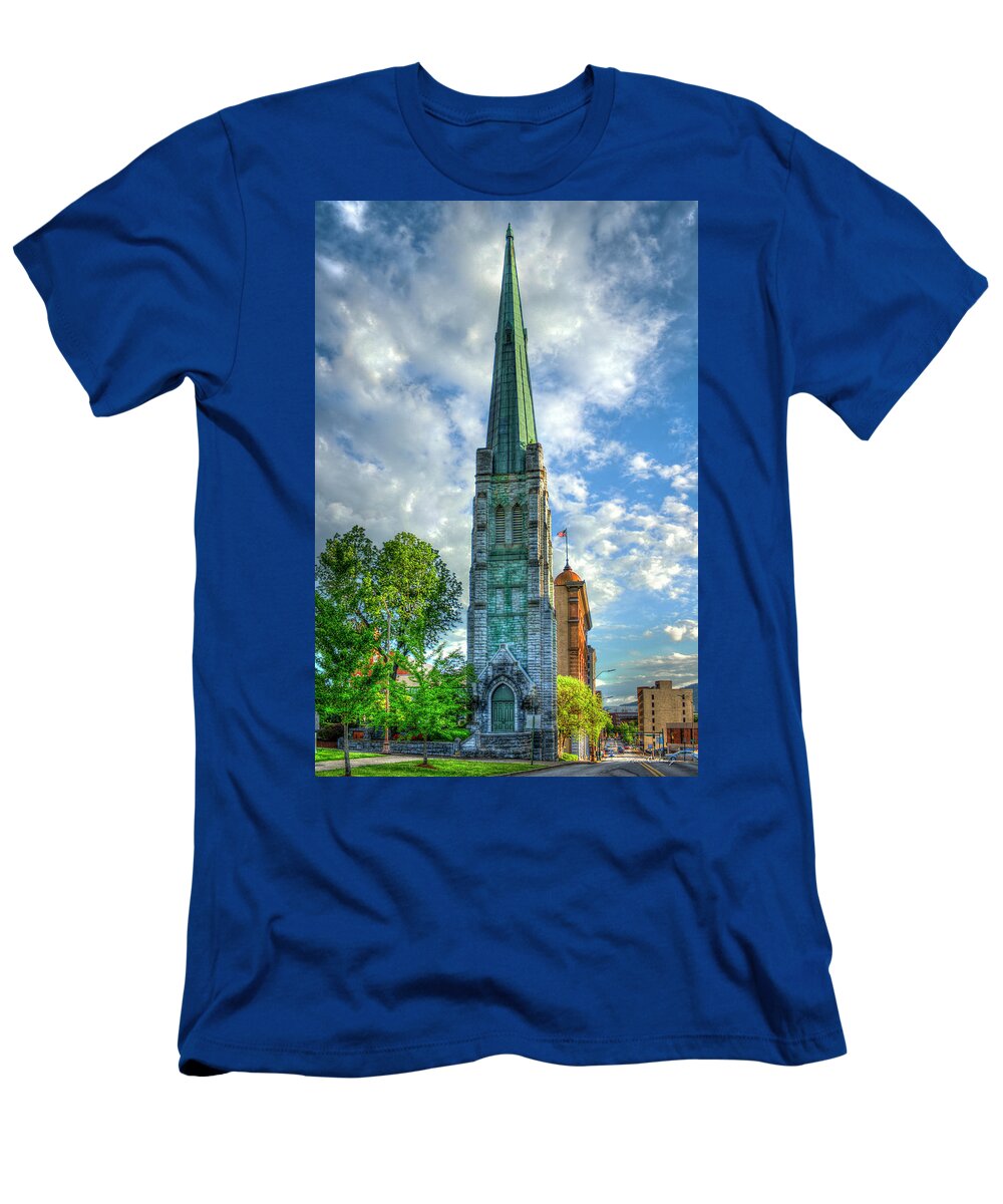 Reid Callaway Faith Remains T-Shirt featuring the photograph Chattanooga TN Faith Remains First Methodist Church Architectural Art by Reid Callaway