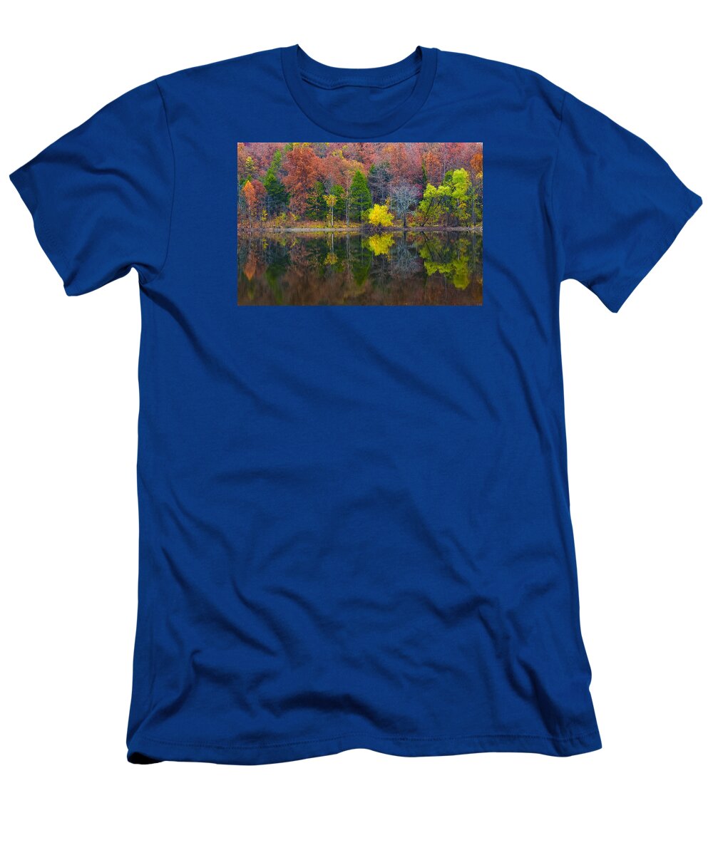 Current River T-Shirt featuring the photograph Fall Reflections Current River State Park MO DSC09395 by Greg Kluempers