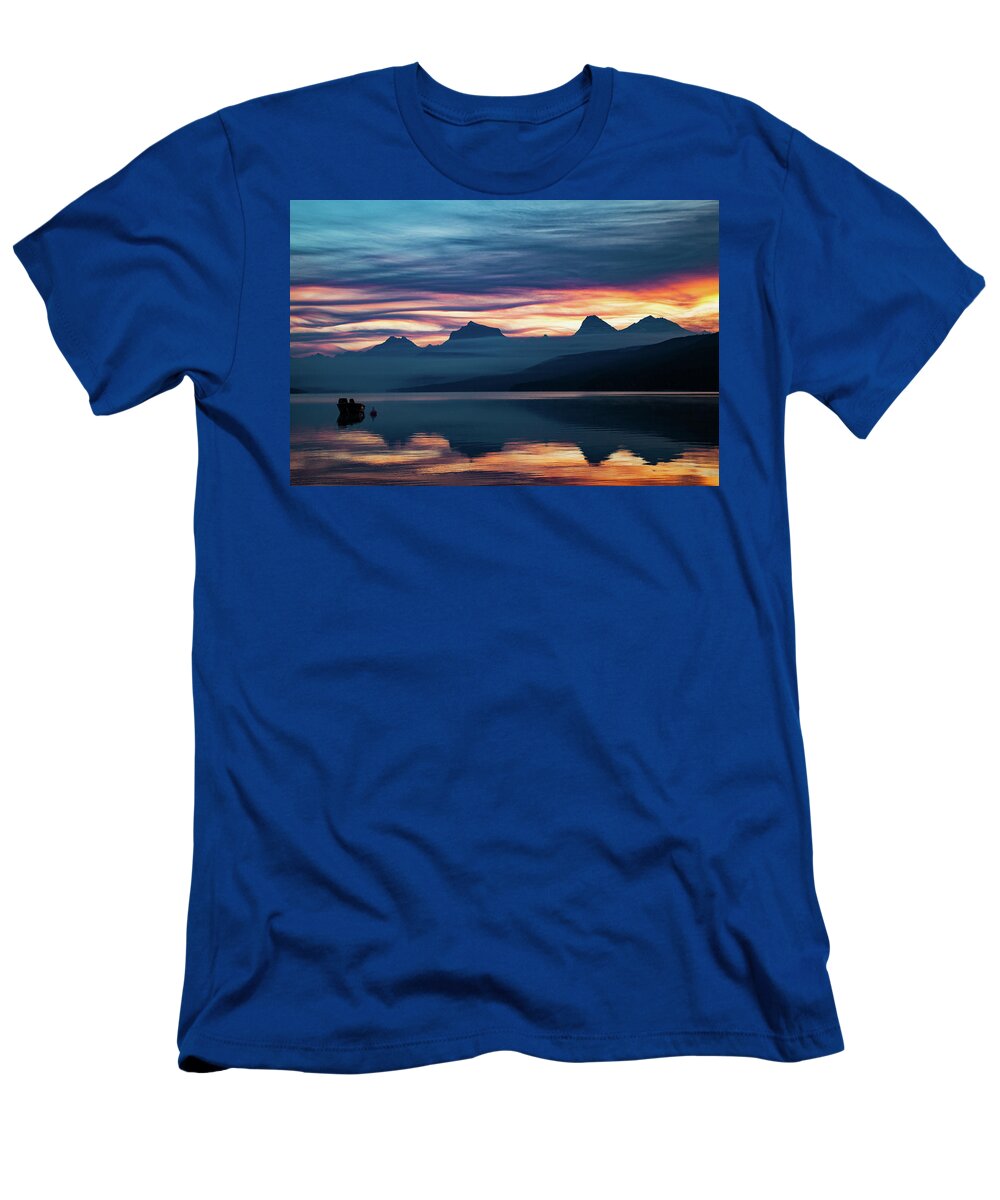 Glacier National Park T-Shirt featuring the photograph Fiery Sunrise at McDonald Lake, GNP by Lon Dittrick