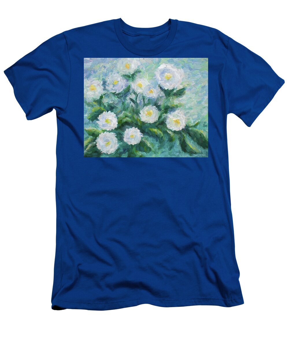 White Flowers Painted On A Periwinkle And Green Background T-Shirt featuring the painting Finger Painted Garden Flowers by Barbara McMahon