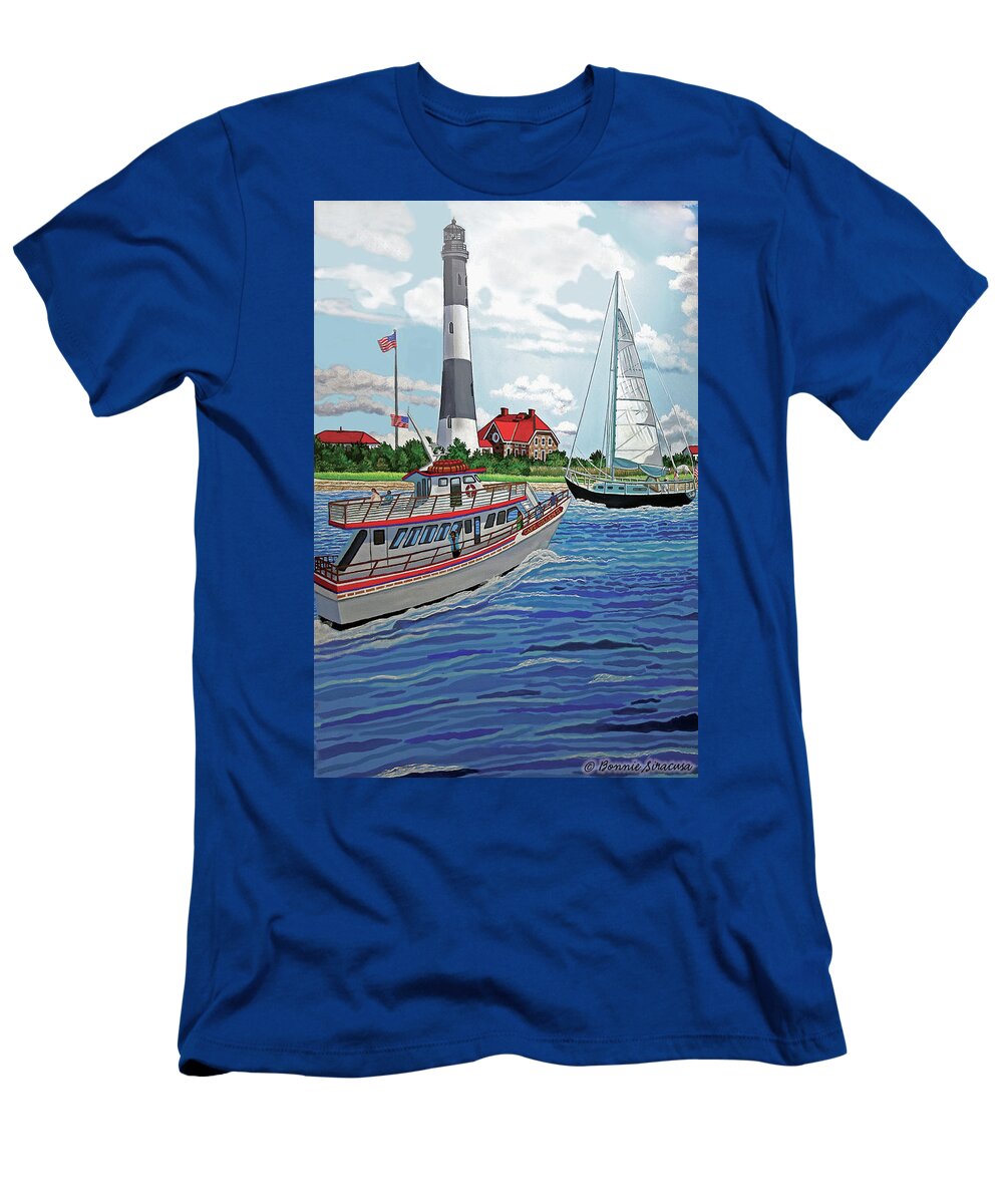 Lighthouse T-Shirt featuring the painting Fire Island Lighthouse by Bonnie Siracusa