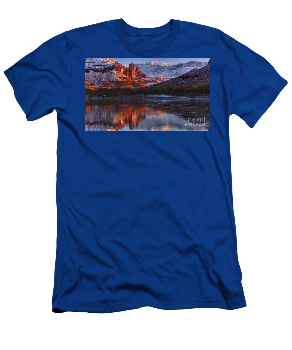 Fisher Towers T-Shirt featuring the photograph Fisher Towers And La Sal Mountains by Adam Jewell
