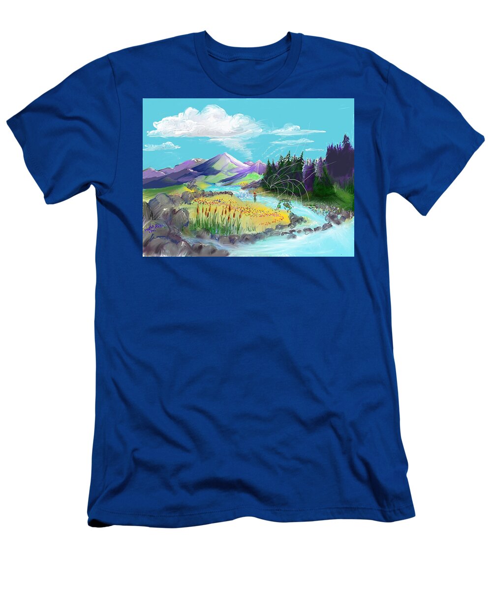 Landscape T-Shirt featuring the digital art Fly Fishing with aa Wooly Worm. by Joseph Mora