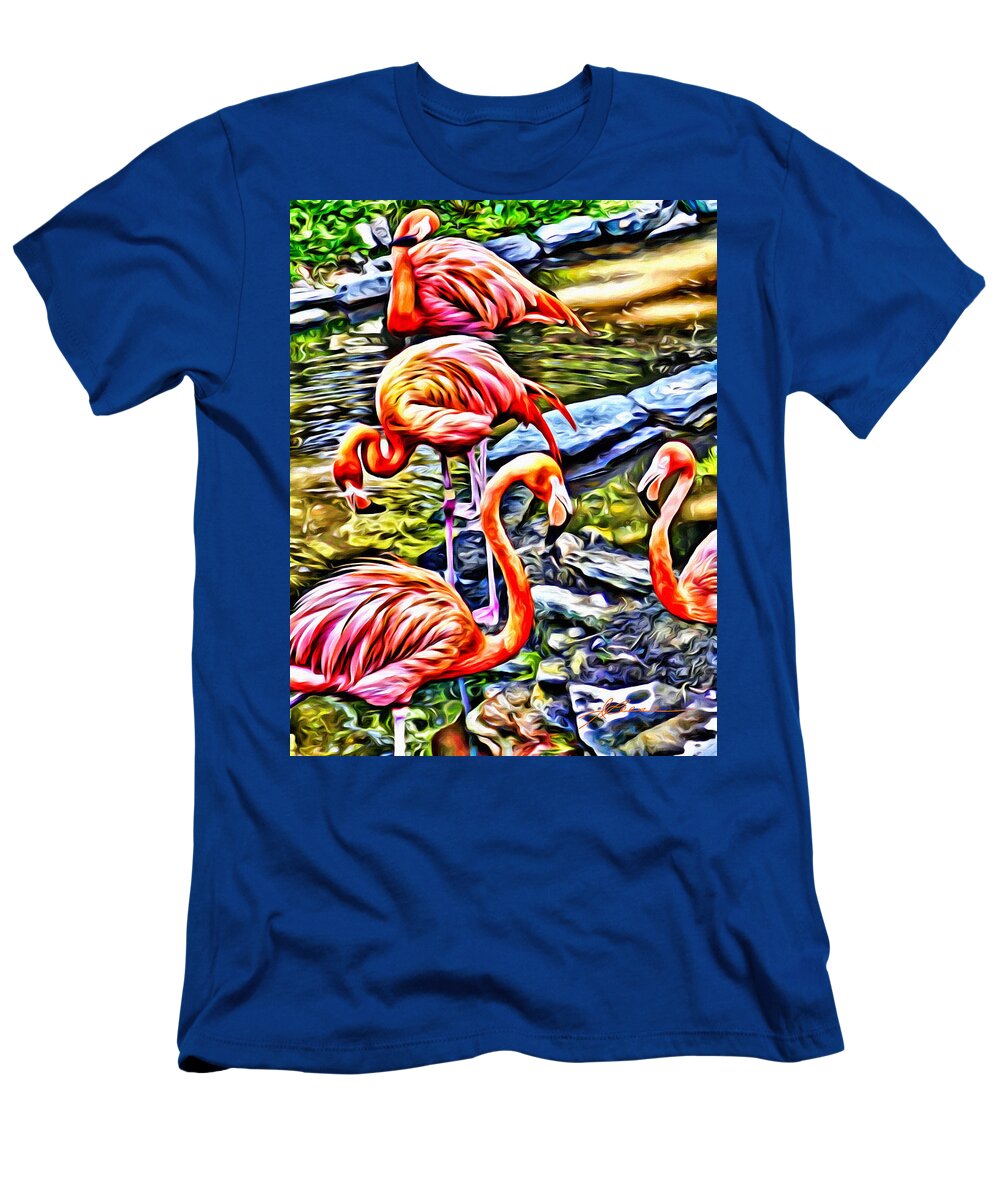 Painting Of Pink Flamingos T-Shirt featuring the painting Four Pink Flamingos by Joan Reese