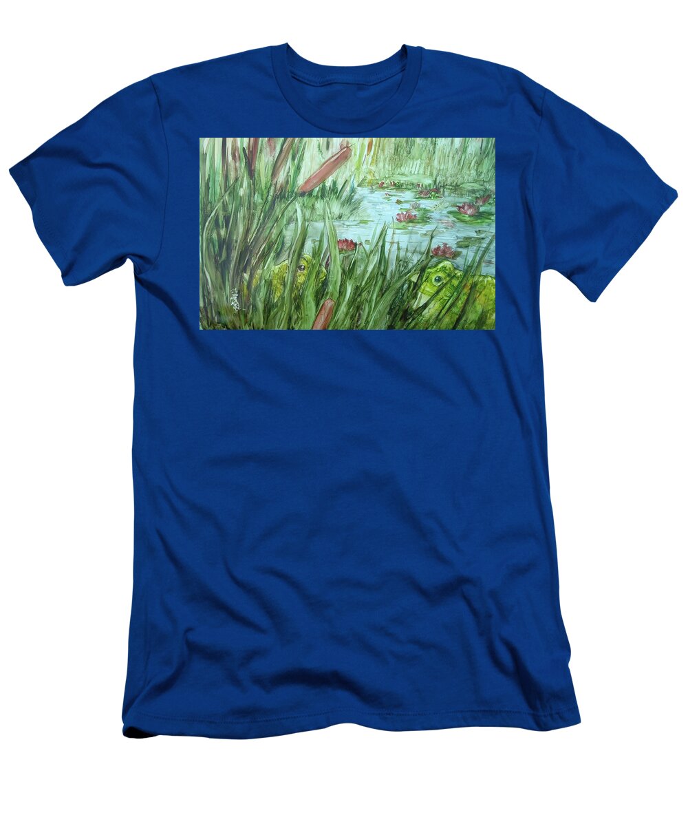 Beauty Is In The Eye Of The Beholder And This Guy Thinks She Is A Doll. Pond T-Shirt featuring the painting Frog went a-courtin by Charme Curtin