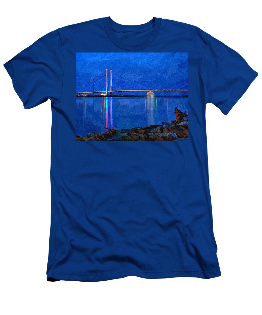 Painterly T-Shirt featuring the photograph Full Moon Rising Under the Indian River Bridge Painterly Style by Bill Swartwout