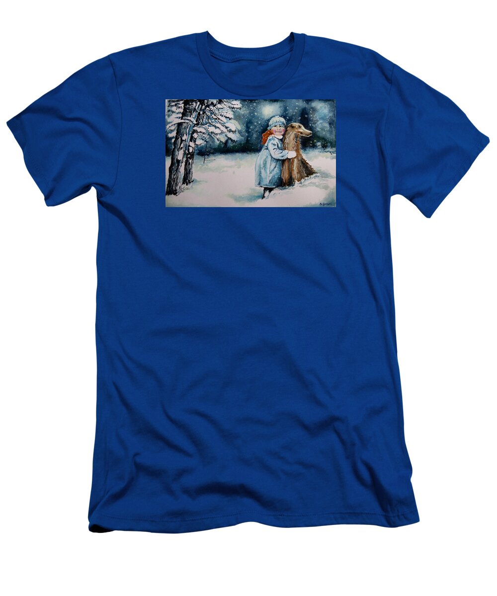 Fun In The Snow T-Shirt featuring the painting Fun In The Snow by Geni Gorani