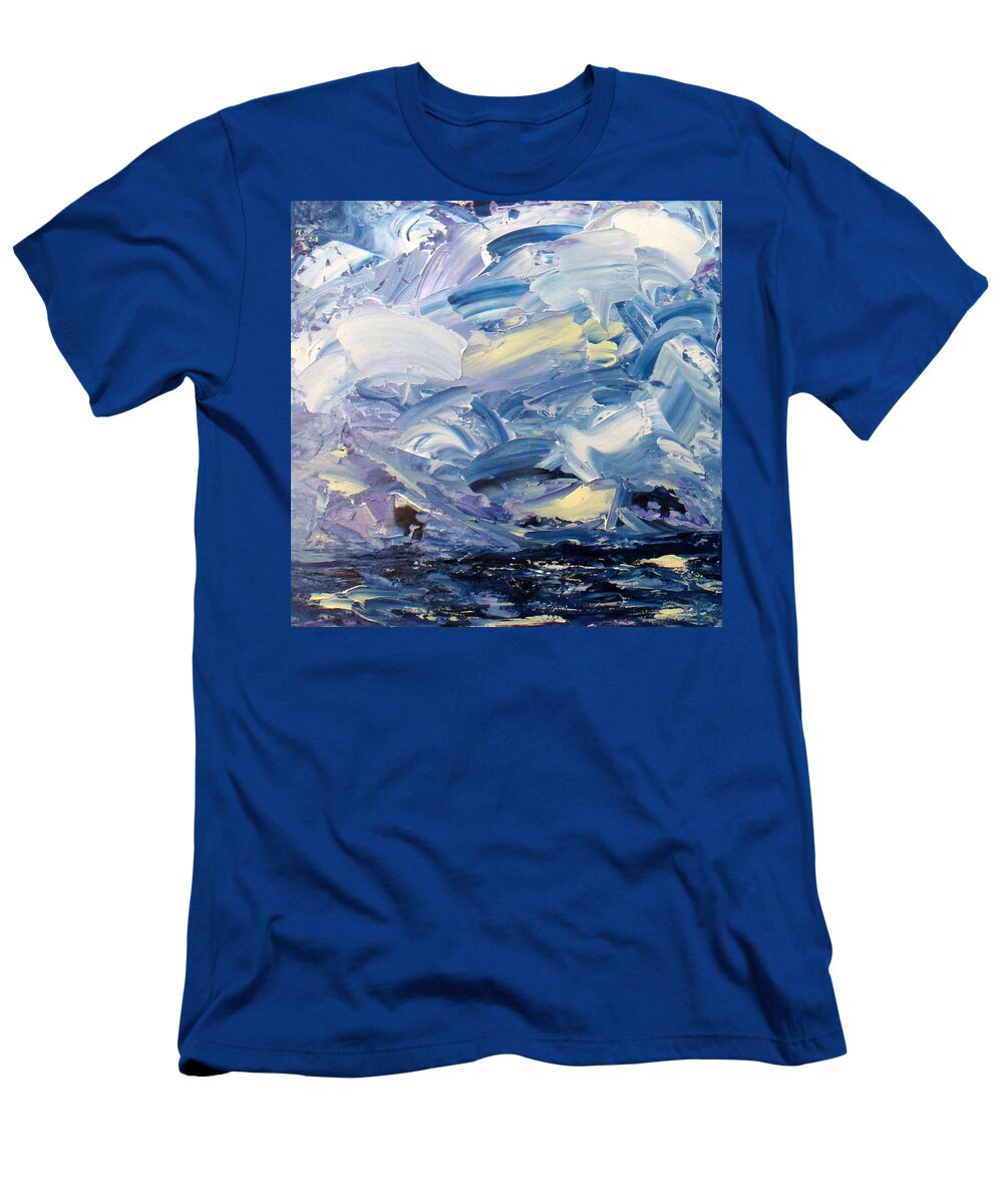 Seascape; Stormy Wild Clouds And Rough Seas T-Shirt featuring the painting Gale Warning by Celeste Friesen