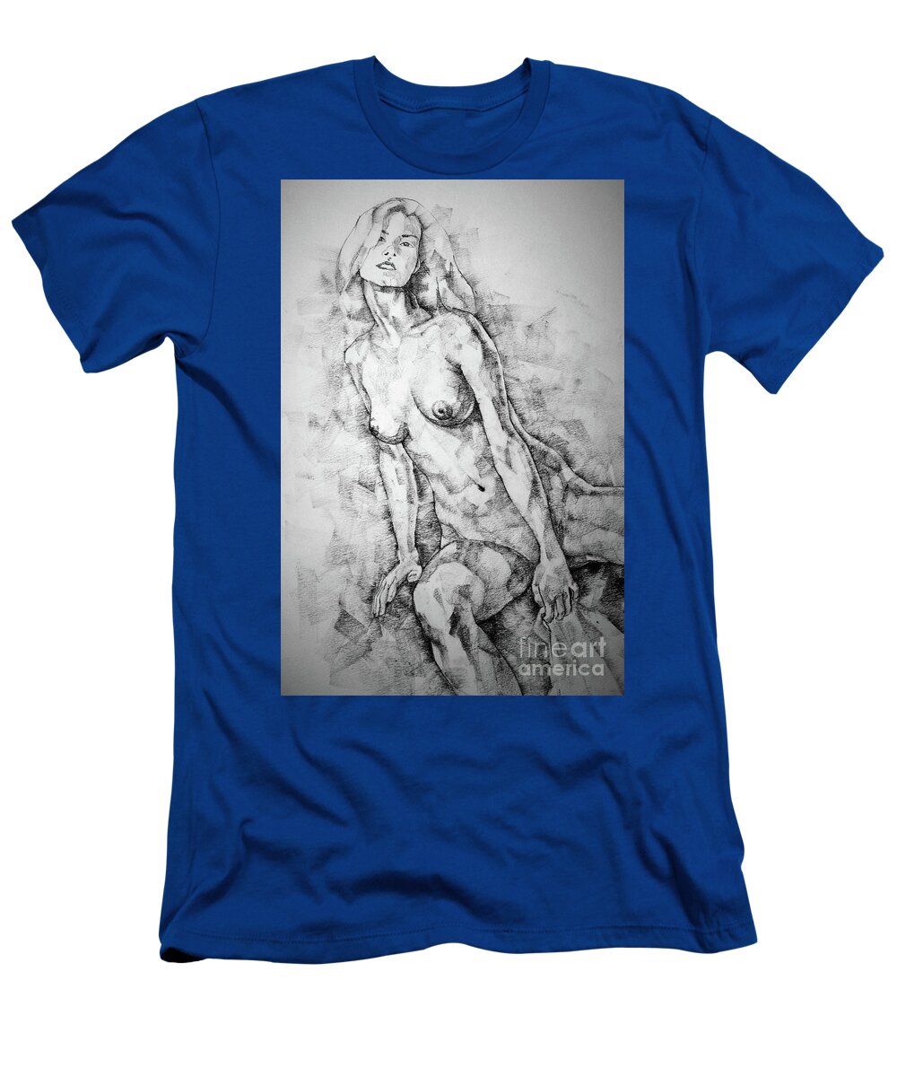 Drawing T-Shirt featuring the drawing Girl sitting on chair Pose Drawing by Dimitar Hristov