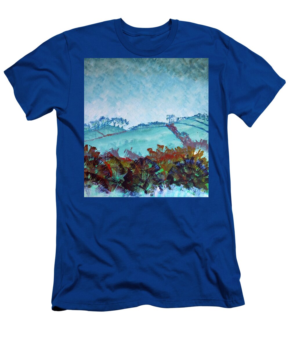 Gloomy T-Shirt featuring the painting Gloomy overcast cloudy day Devon rolling hills by Mike Jory