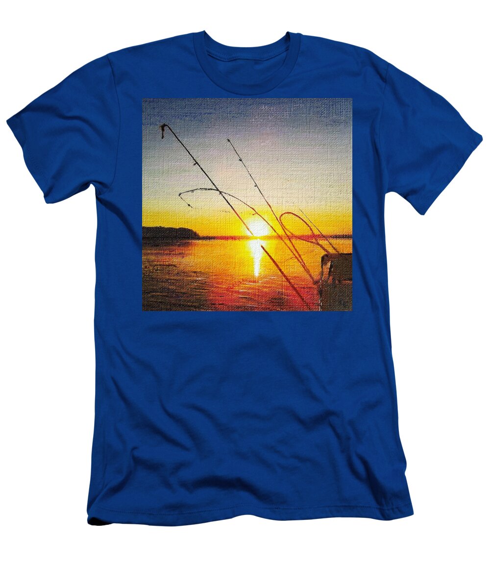 Sunset T-Shirt featuring the painting Gone Fishin' by Cara Frafjord