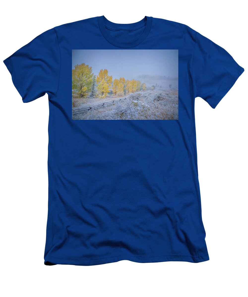 Adventure T-Shirt featuring the photograph Grand Teton Fall Snowfall Scene by Scott McGuire