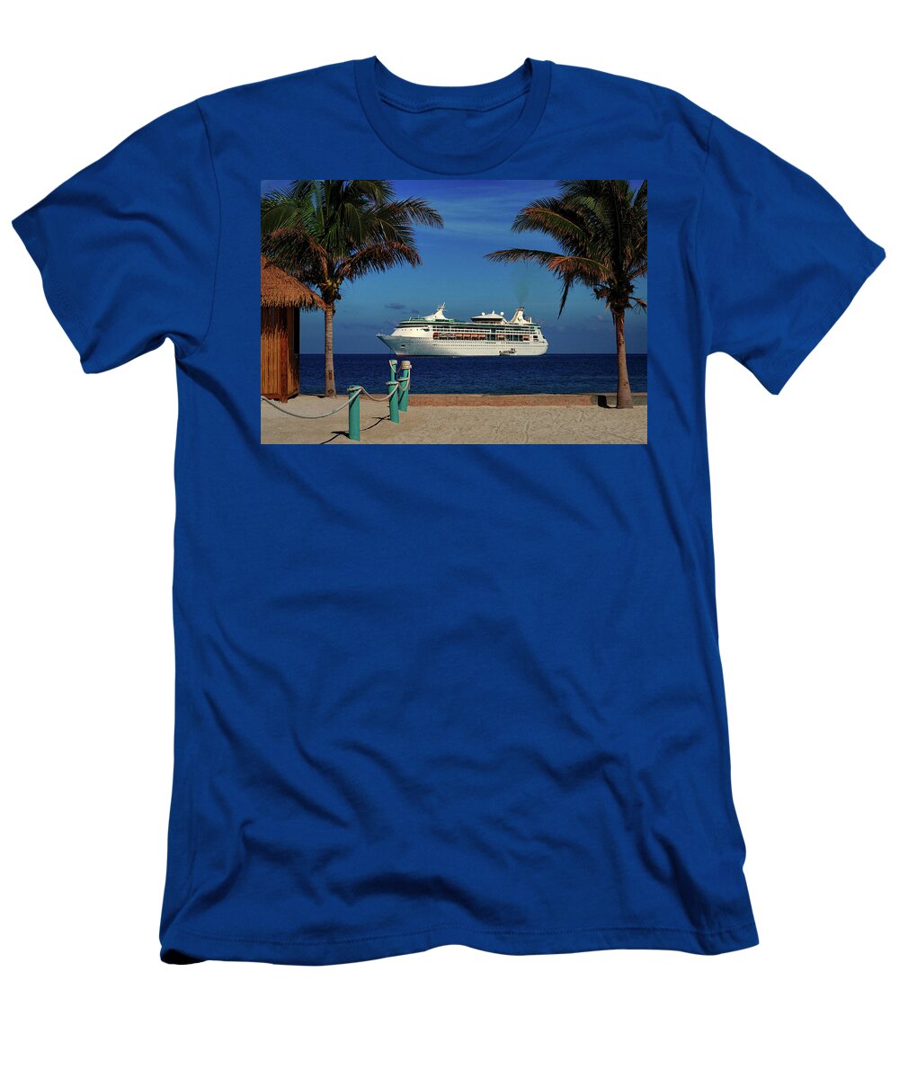 Grandeur Of The Seas T-Shirt featuring the photograph Granduer of the Seas Anchored At Coco Cay by Bill Swartwout