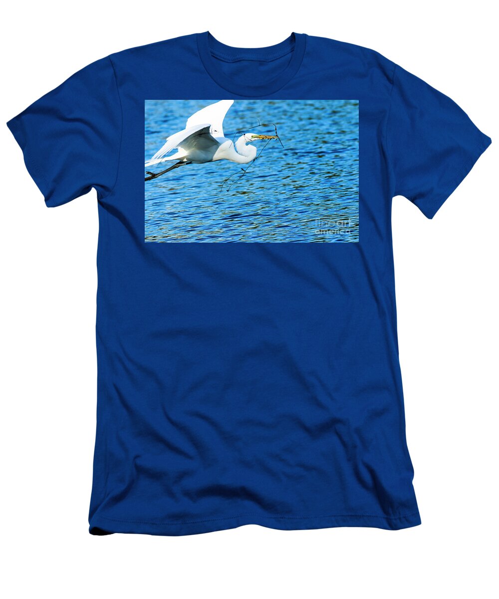 Great Egret T-Shirt featuring the photograph Great Egret Building Nest by Ben Graham