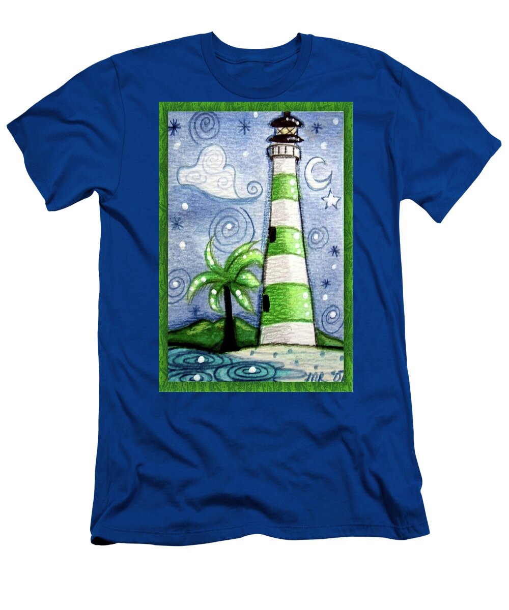 Lighthouse T-Shirt featuring the painting Green and White Tropical Lighthouse by Monica Resinger