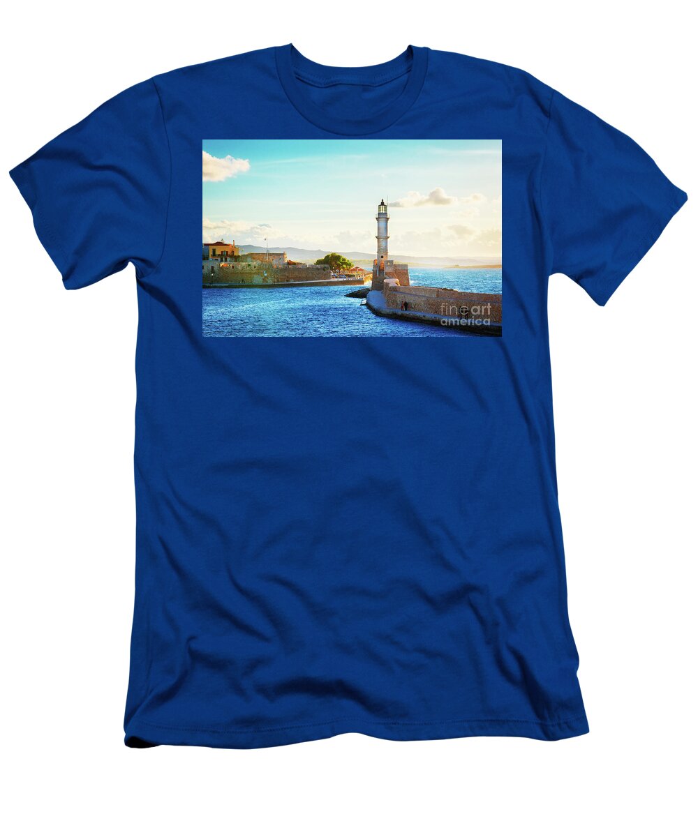 Chania T-Shirt featuring the photograph Habour and Lighthouse of Chania by Anastasy Yarmolovich