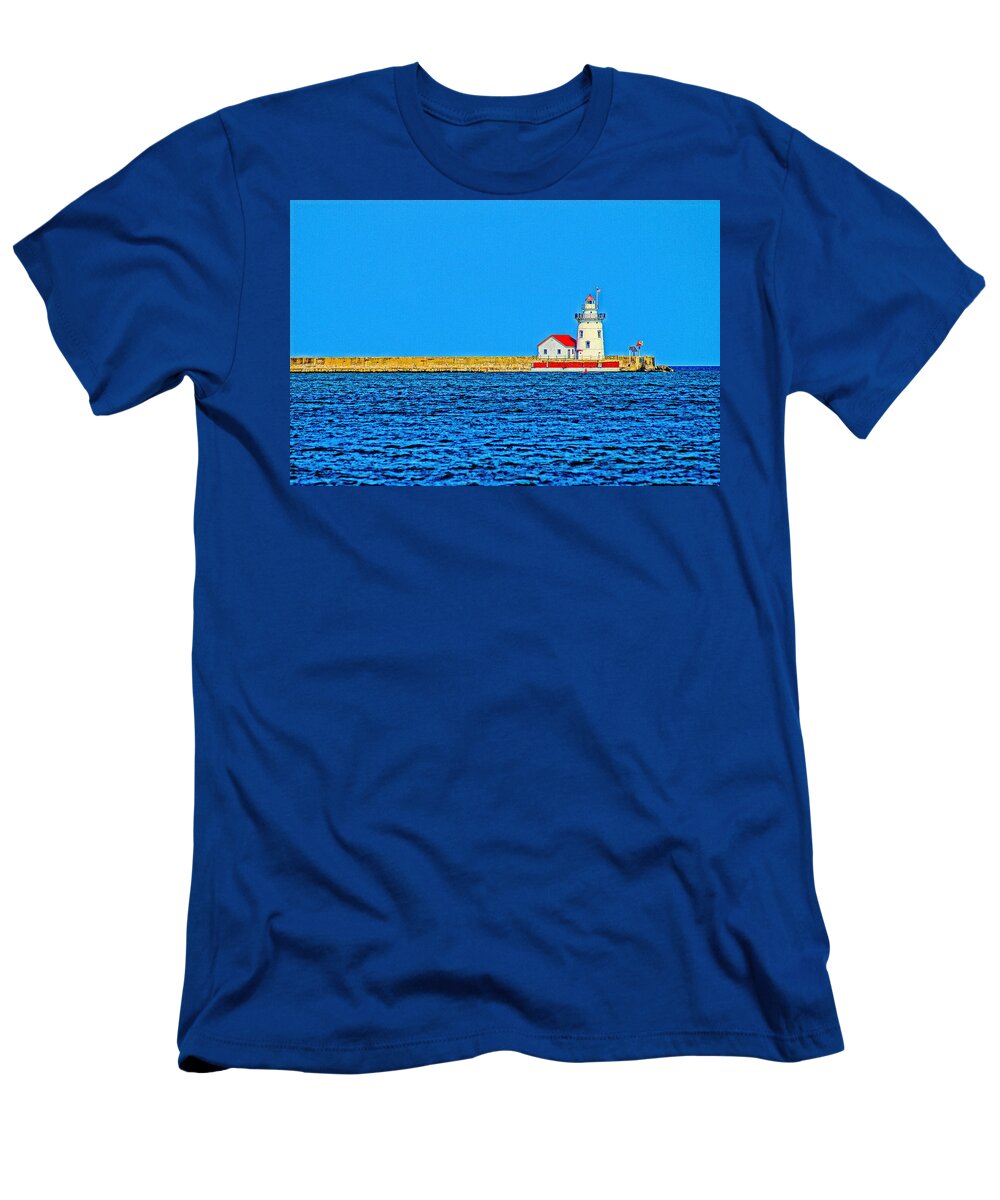 Blue T-Shirt featuring the photograph Harbor Beach Light 8.3.17 by Daniel Thompson