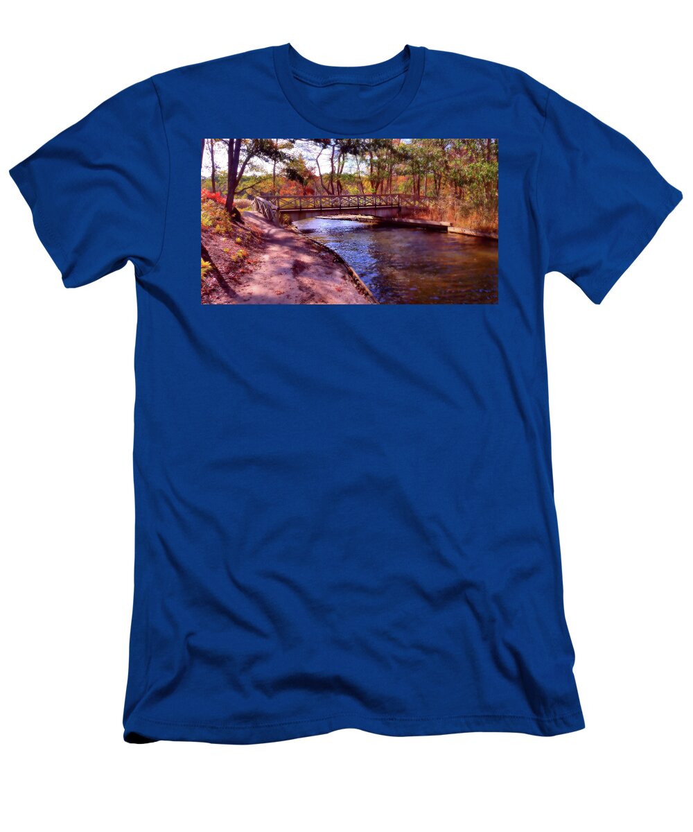 Autumn T-Shirt featuring the mixed media Island Bridge in Autumn by Stacie Siemsen