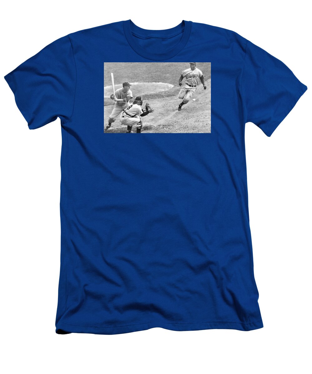 Jackie Robinson Stealing Home Plate With Yogi Berra Catching In 8th Inning Of 1st Game In World Series 1955 T-Shirt featuring the photograph Jackie robinson stealing home Yogi Berra catcher in 1st game 1955 world series by David Lee Guss