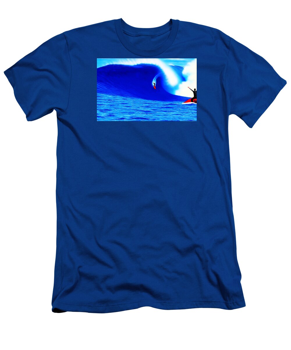 Surfing T-Shirt featuring the painting Jaws Barrel 2012 by John Kaelin