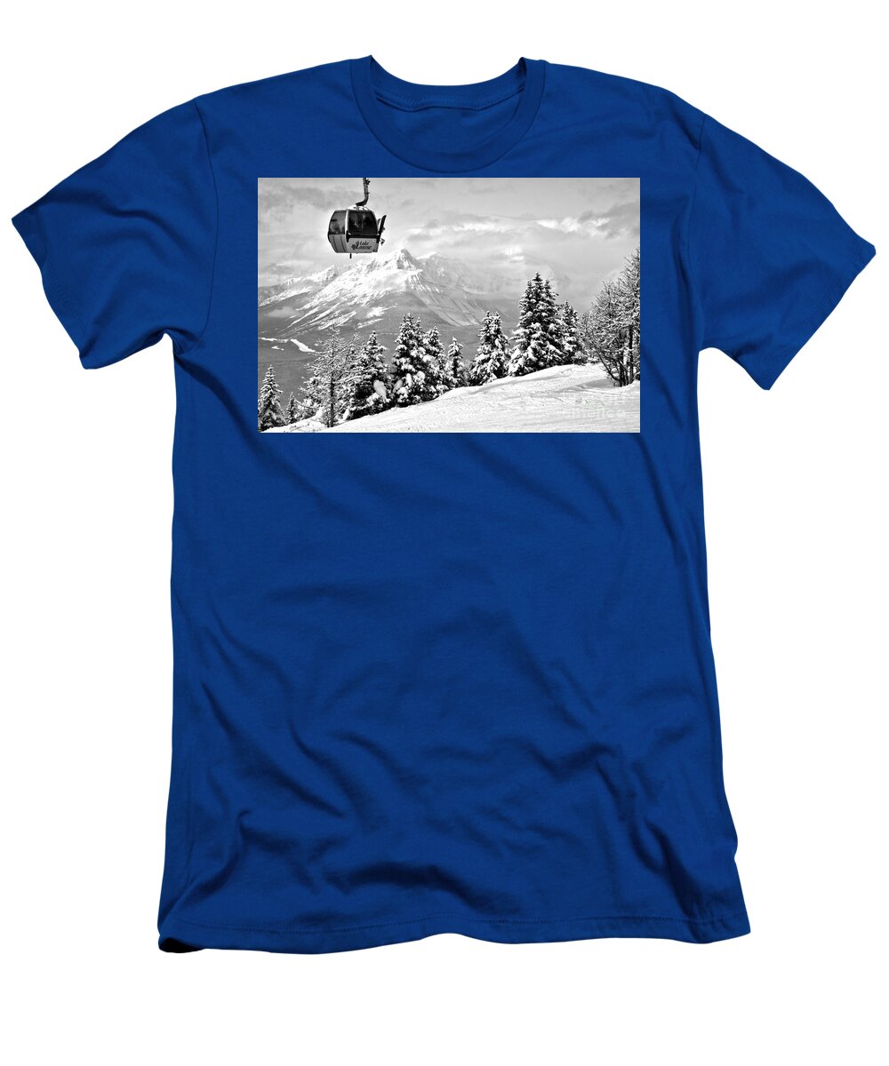 Lake Louise T-Shirt featuring the photograph Lake Louise Gondola In The Sky Black And White by Adam Jewell