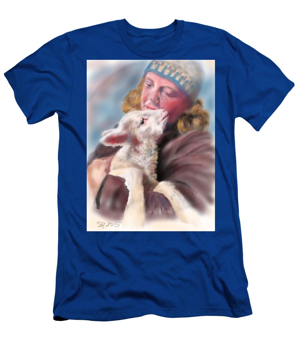 Spring T-Shirt featuring the painting Lambie Love by Susan Sarabasha