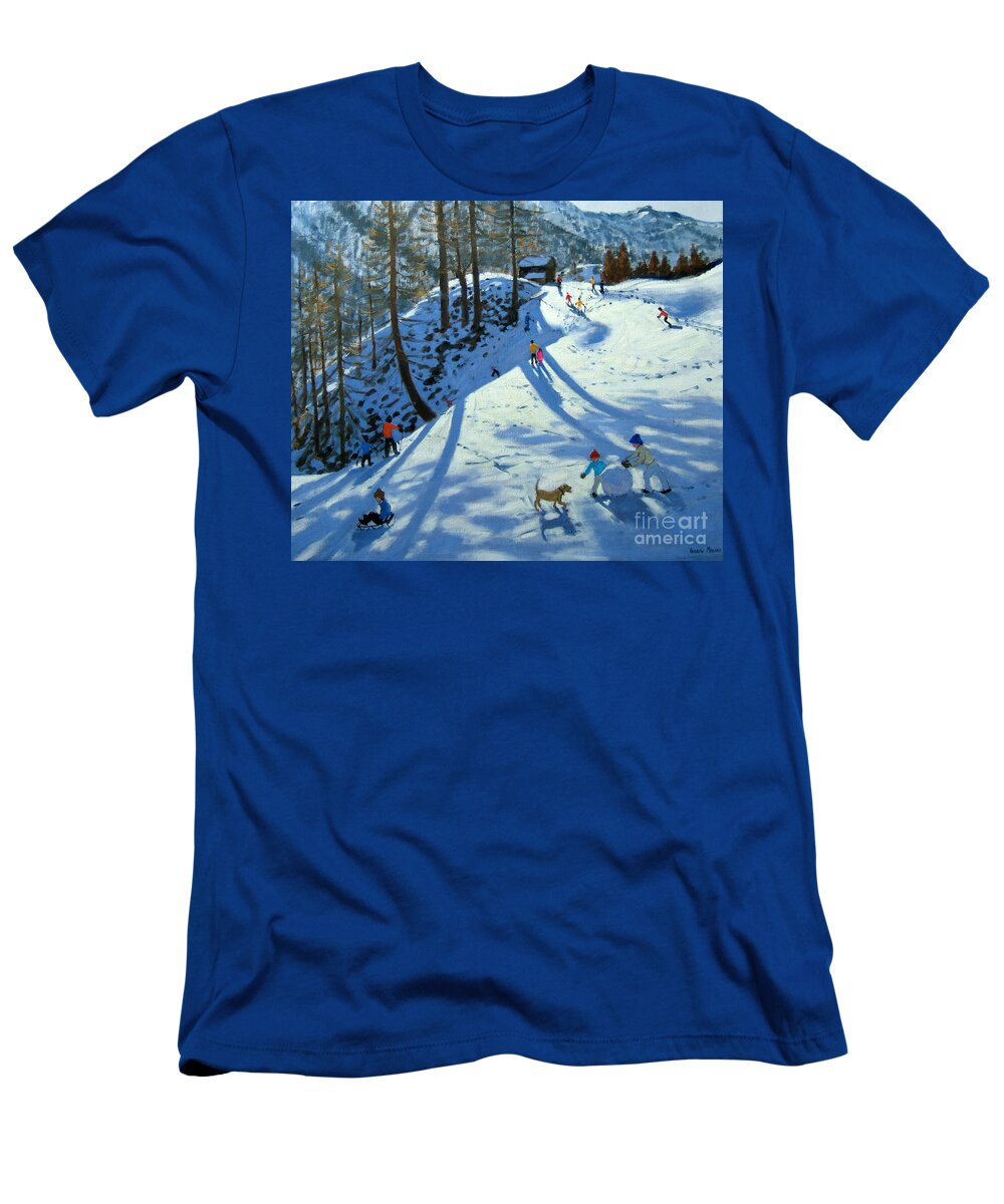 Sledge T-Shirt featuring the painting Large Snowball Zermatt by Andrew Macara