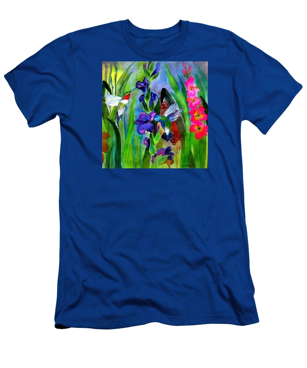 Glads And Hummers T-Shirt featuring the painting Last of the Hummers by Esther Woods