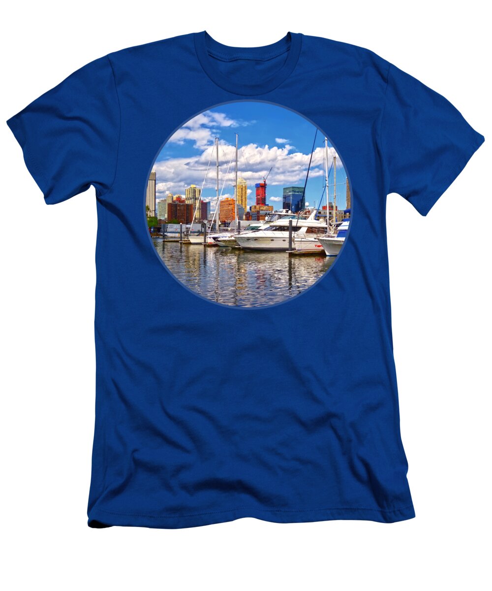 Marina T-Shirt featuring the photograph Liberty Landing Marina Against Jersey City Skyline by Susan Savad