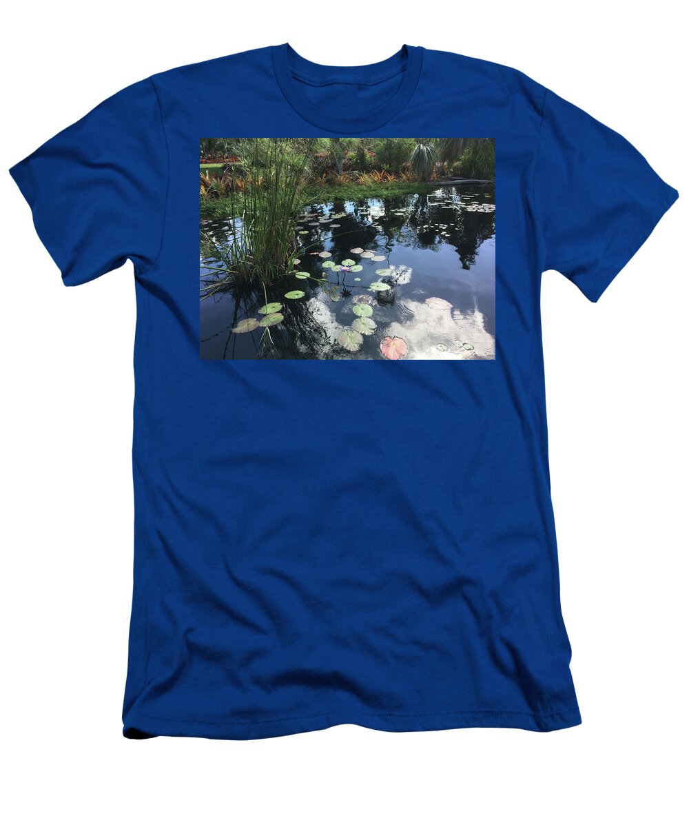 Lily Pads T-Shirt featuring the photograph Lily Pads with the Sky Reflecting in the Pond #2 by Susan Grunin