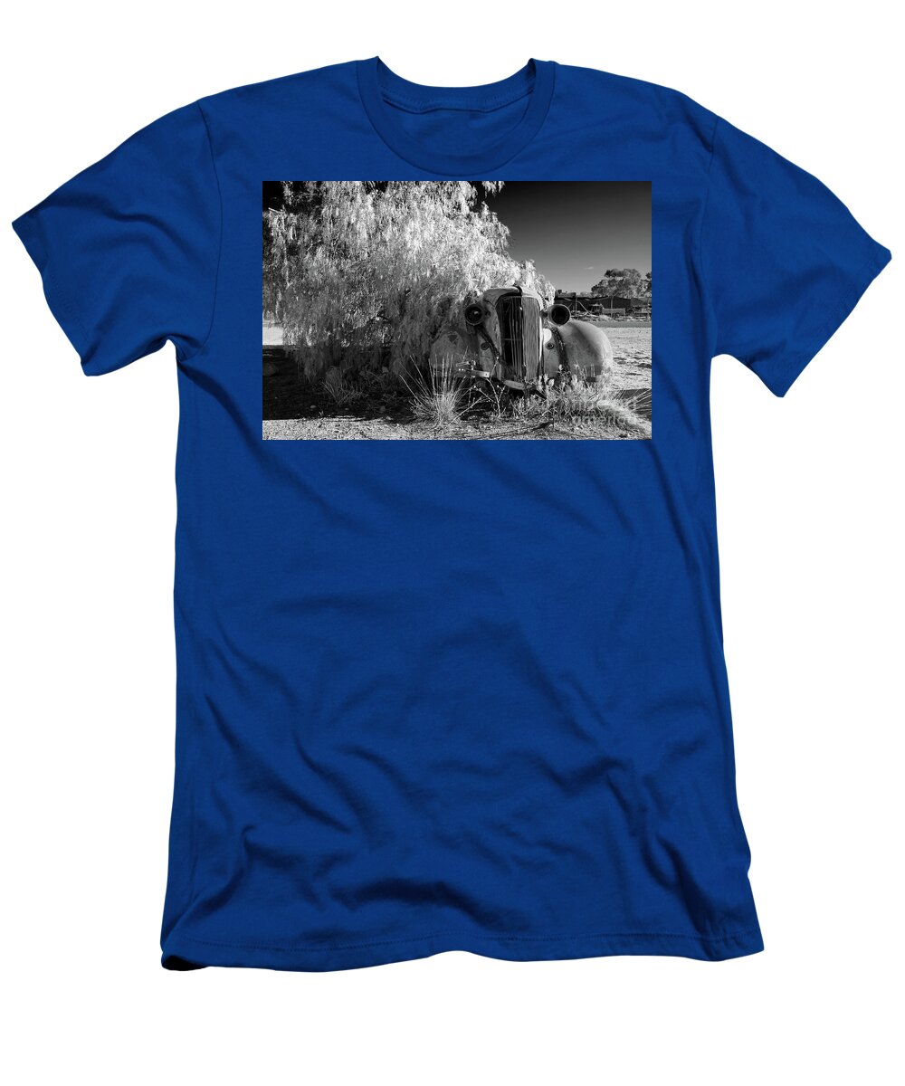 Broken Hill Nsw New South Wales Australian Old Car Pepper Tree Monochrome Mono B&w Black And White T-Shirt featuring the photograph Long Term Parking by Bill Robinson