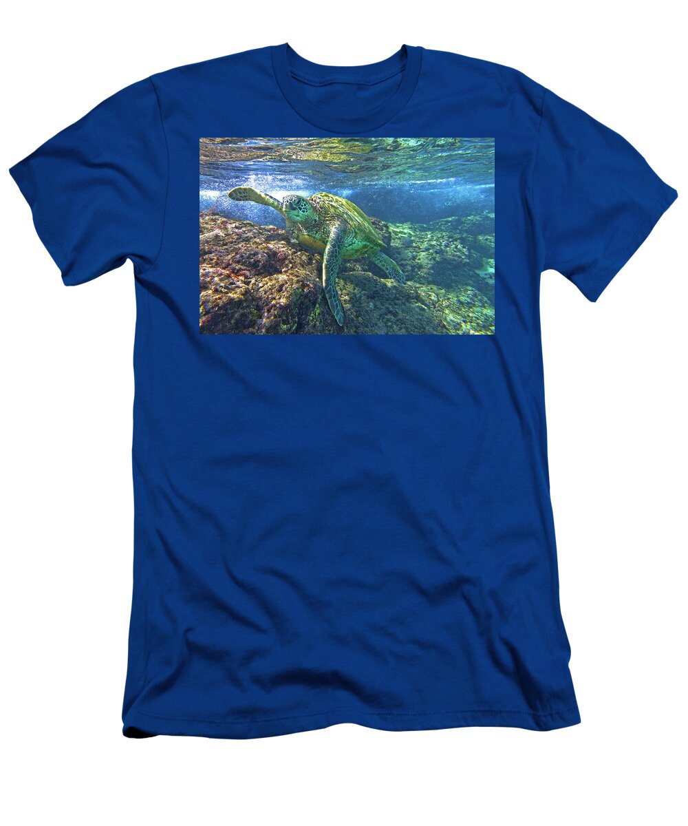 Maui Hawaii Black Rock Turtle Ocean Creature Fine Art Photography T-Shirt featuring the photograph Lunch Time by James Roemmling