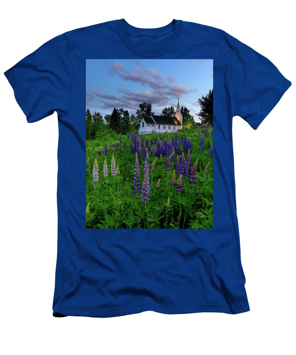 Lupines T-Shirt featuring the photograph Lupines by the Church by Rob Davies