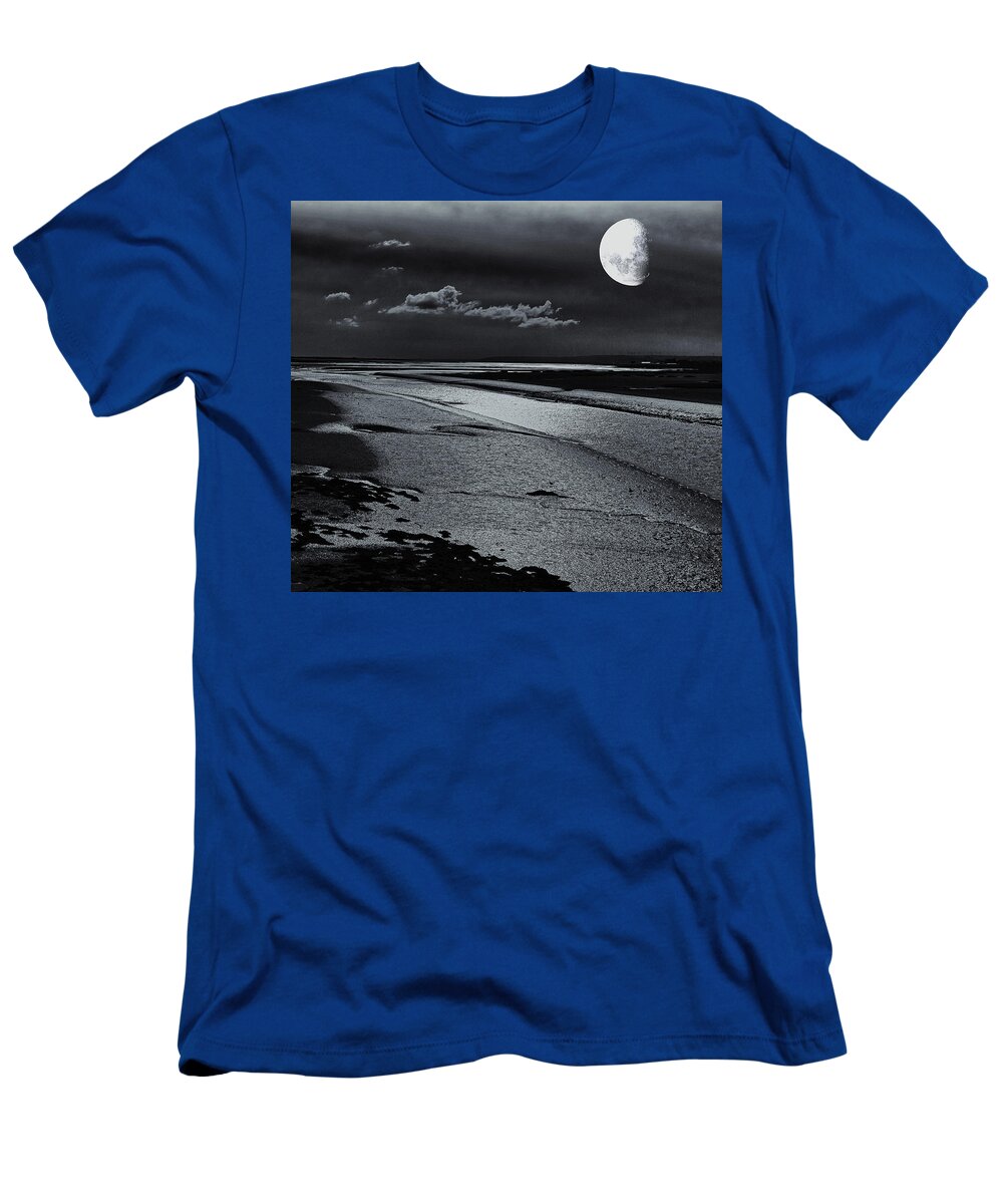 Moon T-Shirt featuring the digital art Moon over the Estuary Monochrome by Jeff Townsend