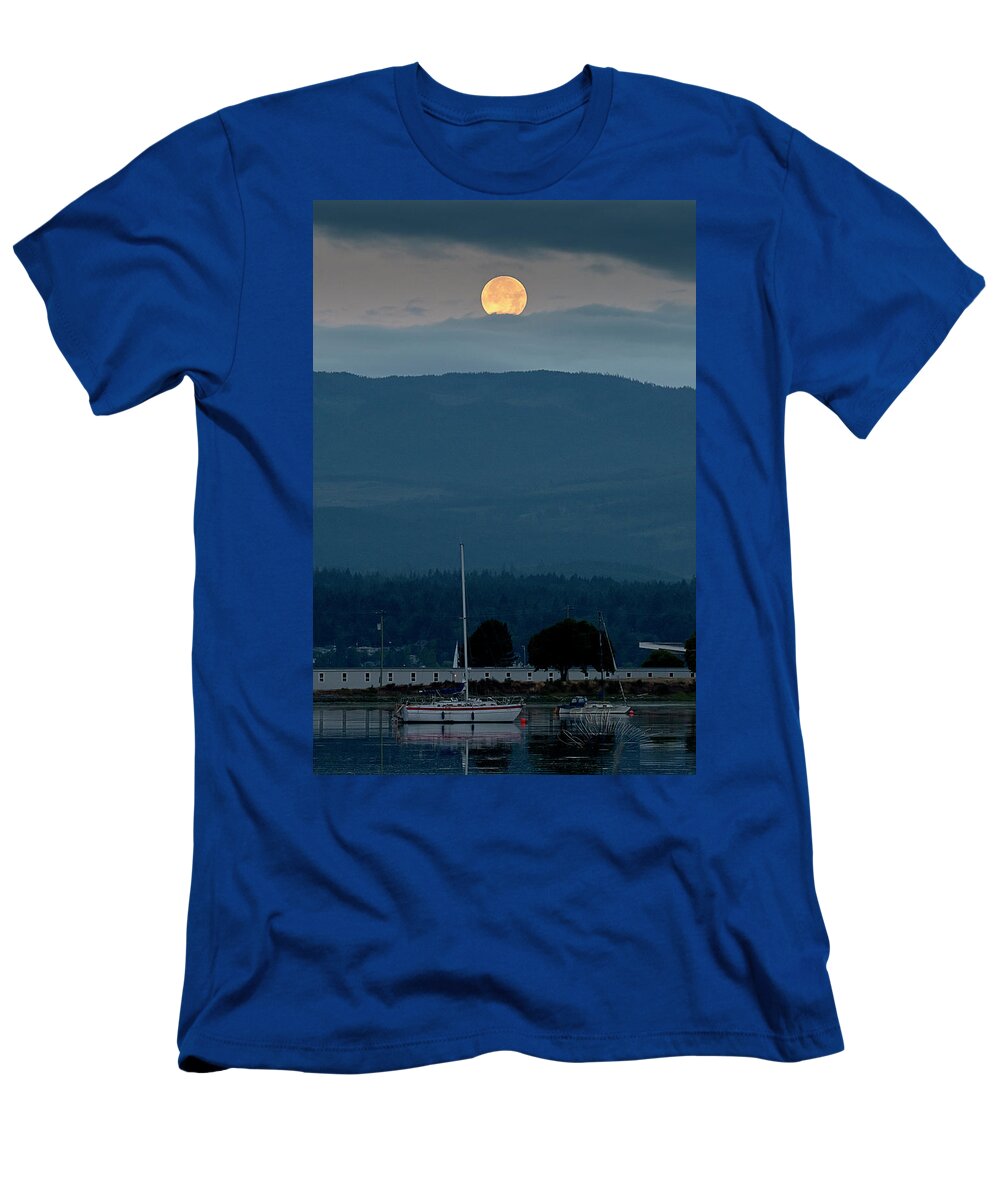 Blue Heron Comox British Columbia Pacific Ocean Canada Birds Wildlife. Ocean West Coast Miracle Beach Bald Eagle Moon T-Shirt featuring the photograph Moon Over The Spit by Edward Kovalsky
