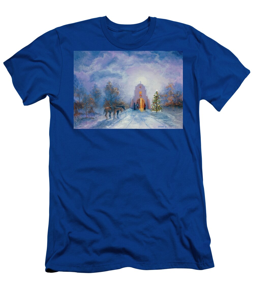 Raton Pass T-Shirt featuring the painting Moonlight Mass Christmas Eve by Jerry McElroy