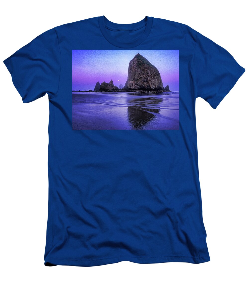 Moon T-Shirt featuring the photograph Moonset, Cannon Beach, Oregon by Lila Bahl