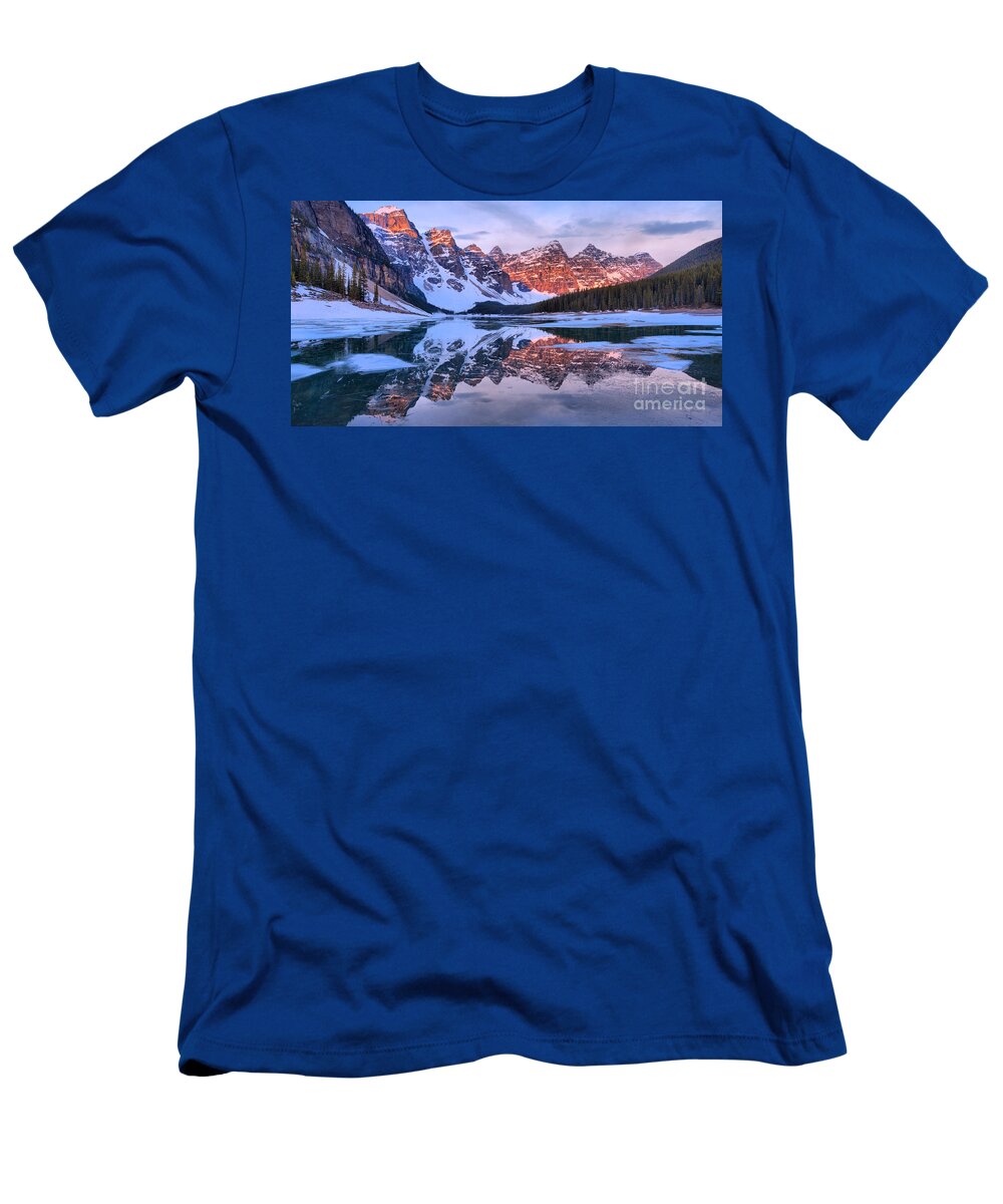 Moraine Lake T-Shirt featuring the photograph Moraine Lake Spring Melt Sunrise by Adam Jewell