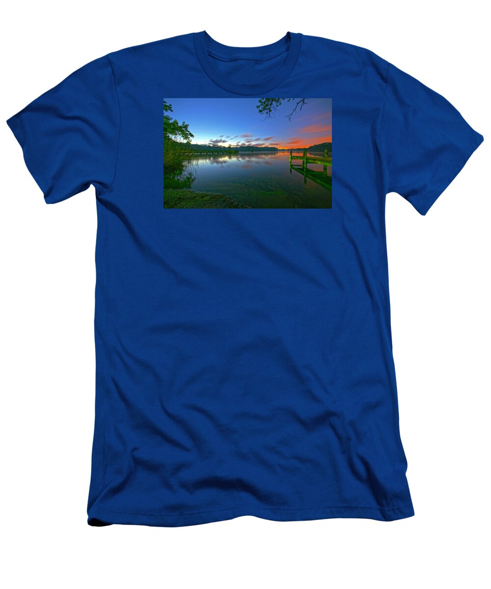 Sky Water Lake Pond Pier Stars Cloud Clouds Tree Trees Shore Beach T-Shirt featuring the photograph Morning Star by Robert Och