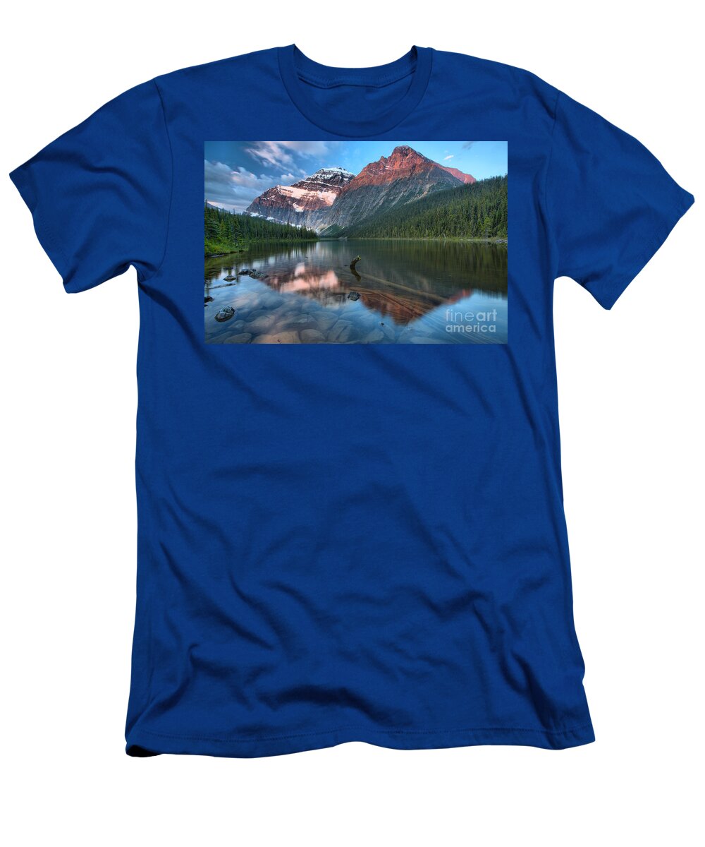 Cavell T-Shirt featuring the photograph Mt. Edith Cavell Sunrise Reflections by Adam Jewell