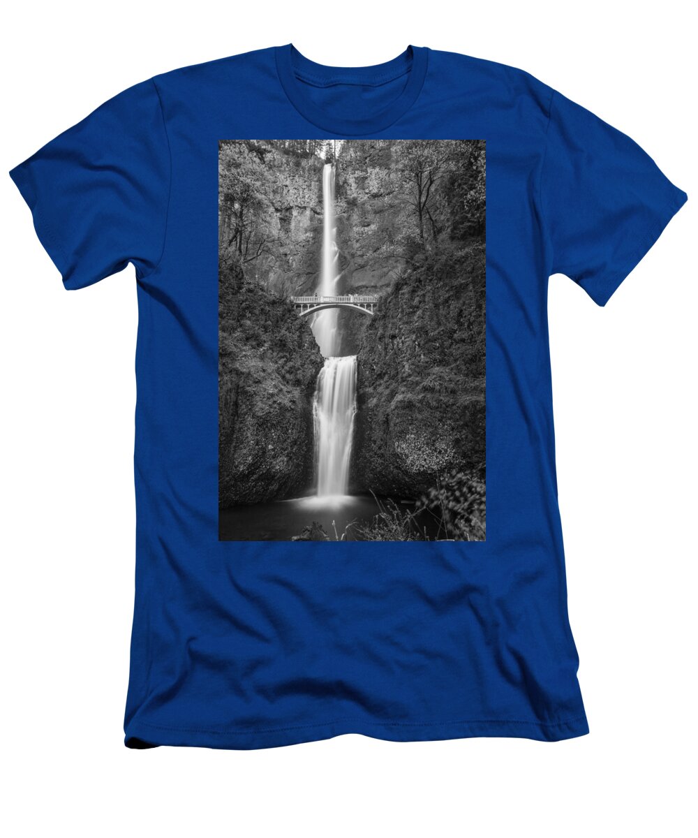 Multnomah Falls T-Shirt featuring the photograph Multnomah Waterfall Black and White 2 by John McGraw