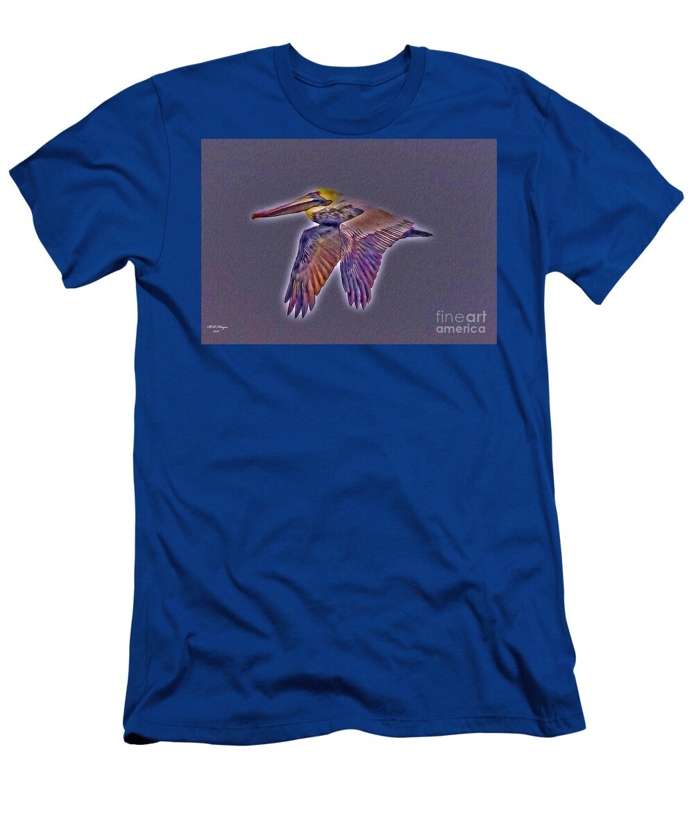 Brown T-Shirt featuring the digital art Mystical Brown Pelican Soaring Spirit by DB Hayes