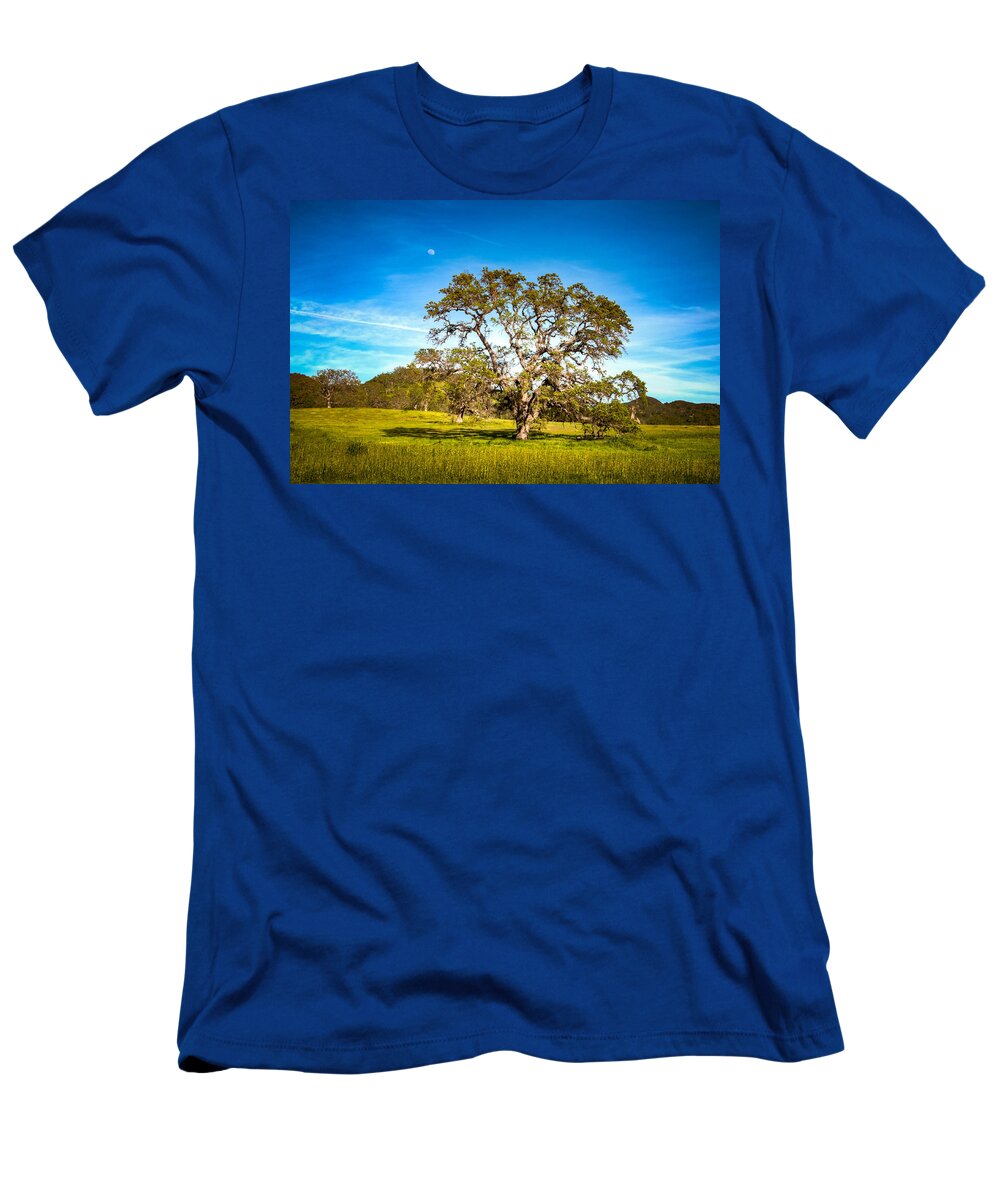 Agriculture T-Shirt featuring the photograph Oak Tree Green Meadow Moon Rising by Connie Cooper-Edwards