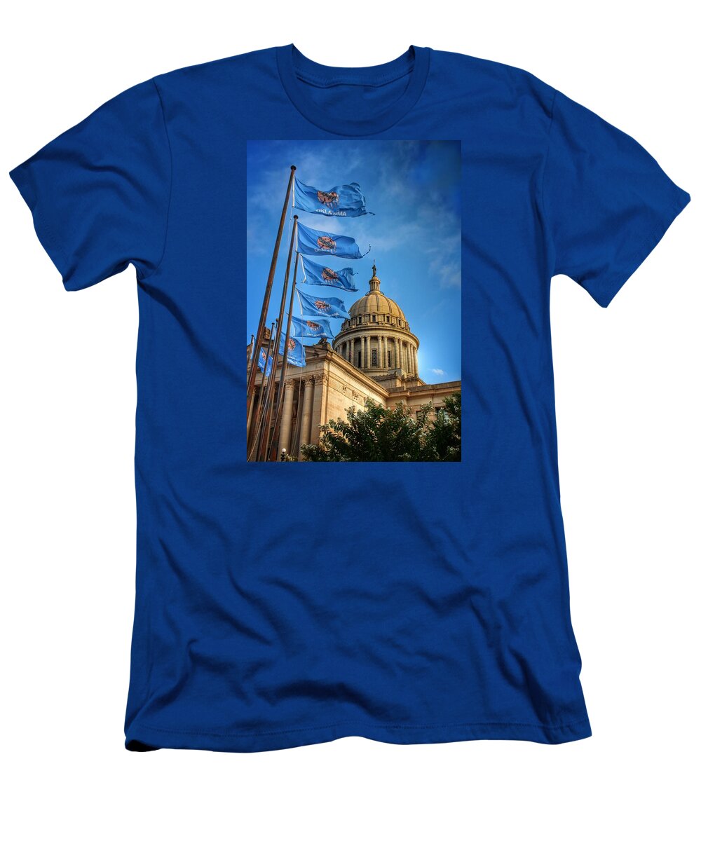 Oklahoma T-Shirt featuring the photograph Oklahoma Capitol Flags and Wind by Buck Buchanan