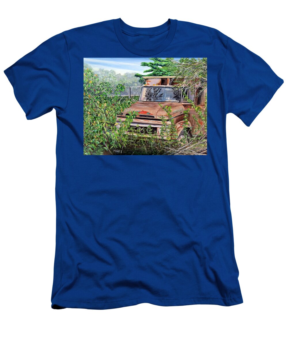 Old Truck T-Shirt featuring the painting Old truck rusting by Marilyn McNish