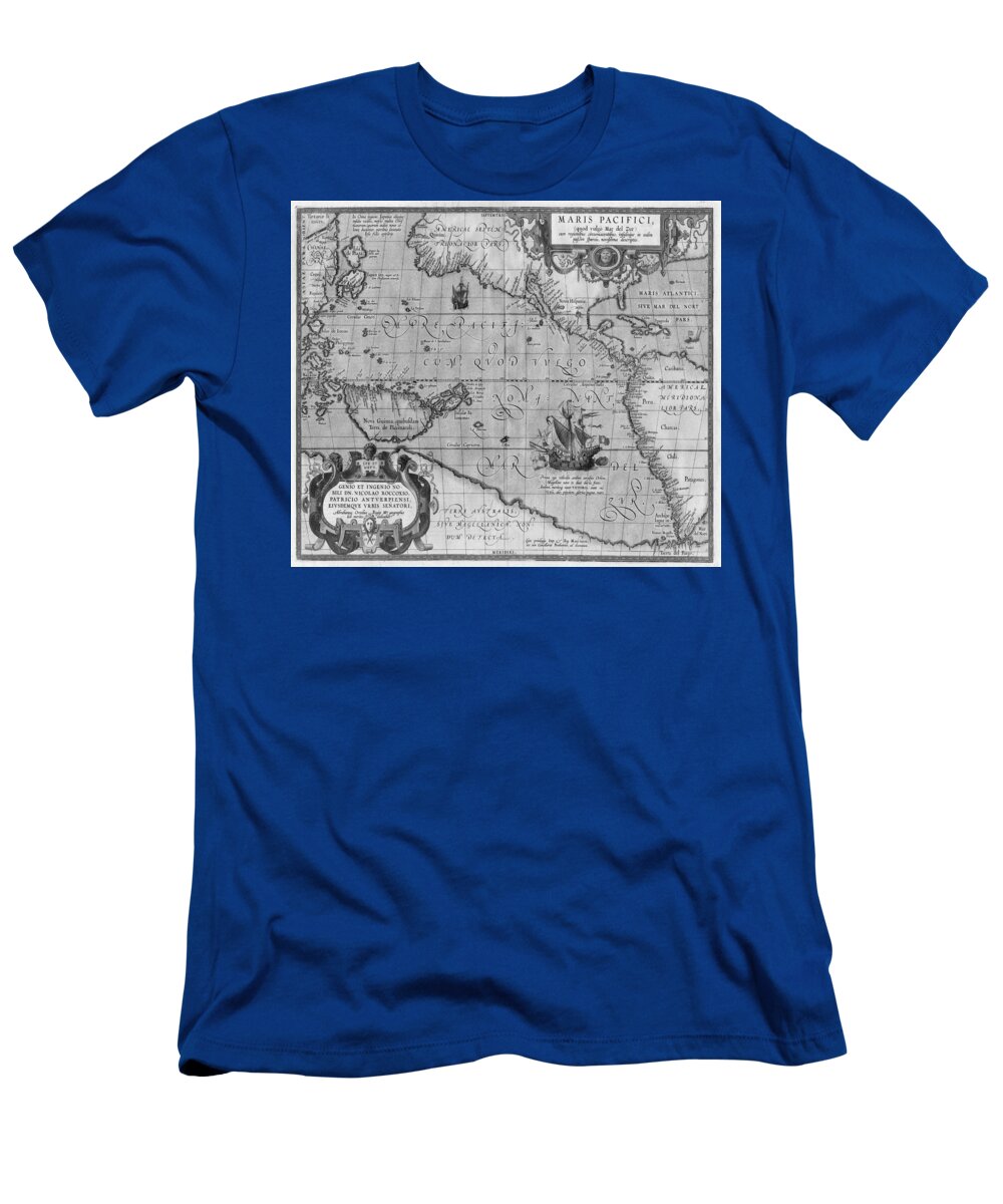Old World Map T-Shirt featuring the drawing Old World Map print from 1589 - Black and White by Marianna Mills