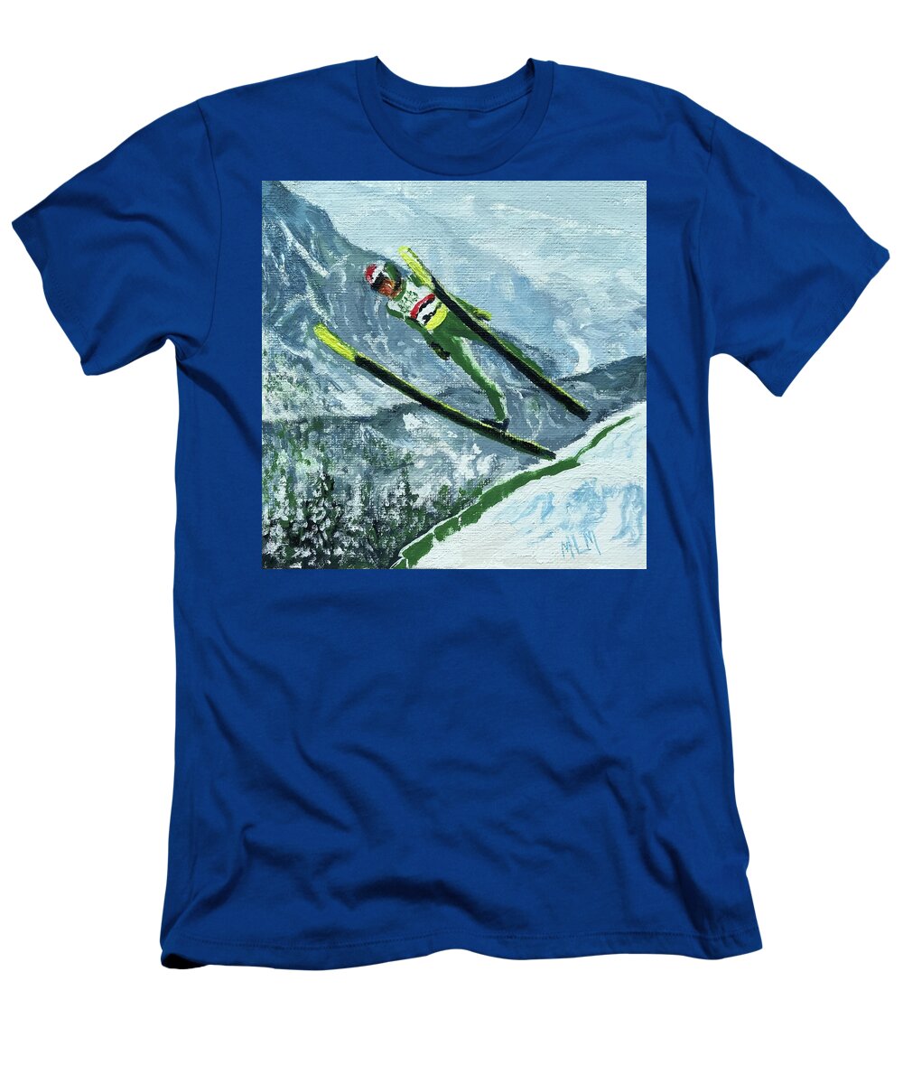 Green T-Shirt featuring the painting Olympic Ski Jumper by ML McCormick