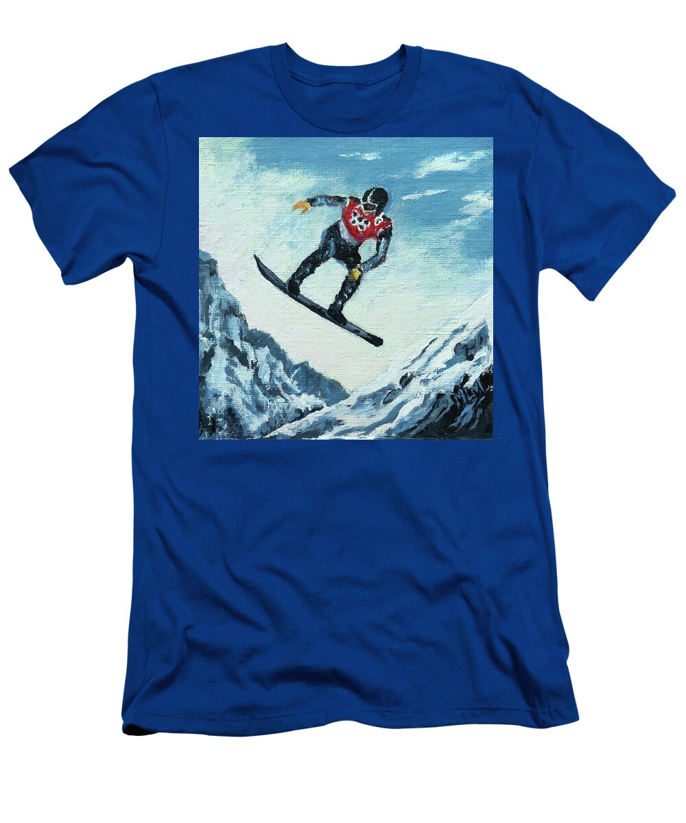 Black T-Shirt featuring the painting Olympic Snowboarder by ML McCormick