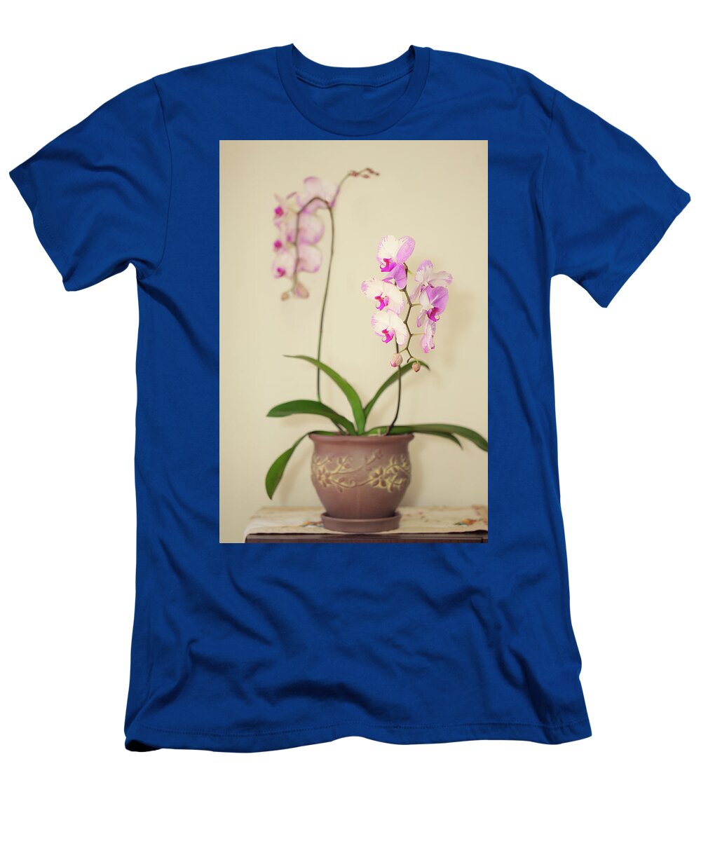 Orchids T-Shirt featuring the photograph Orchids on Sideboard by Susan Gary